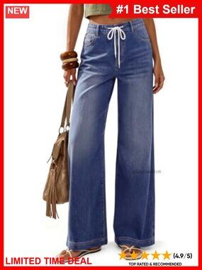 High Waist Wide Leg Drawstring Denim Jeans Stretchy Casual Pants